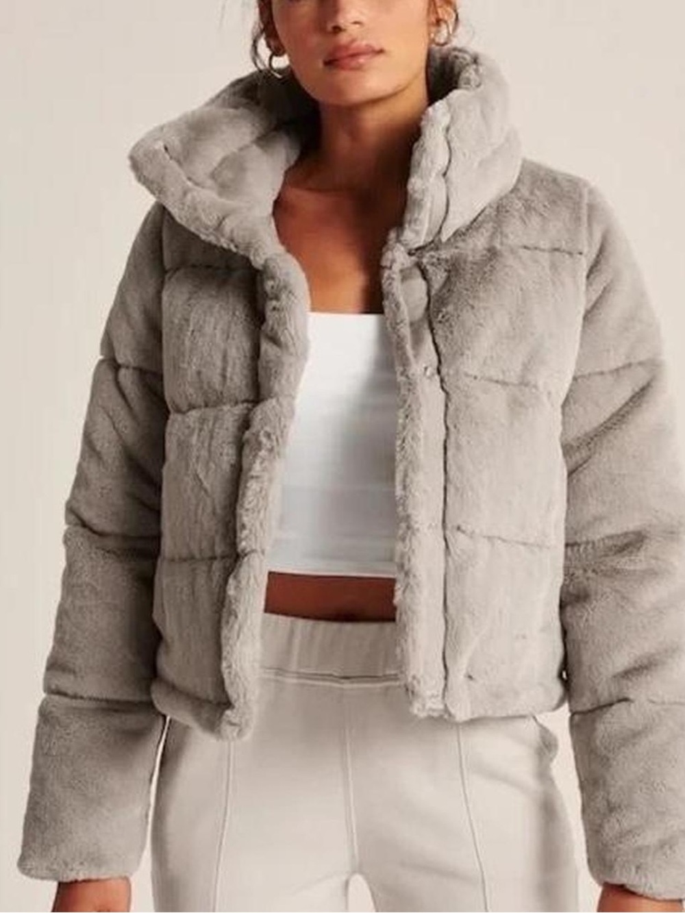 Abercrombie Plush Faux Fur Hooded Coat - Taupe